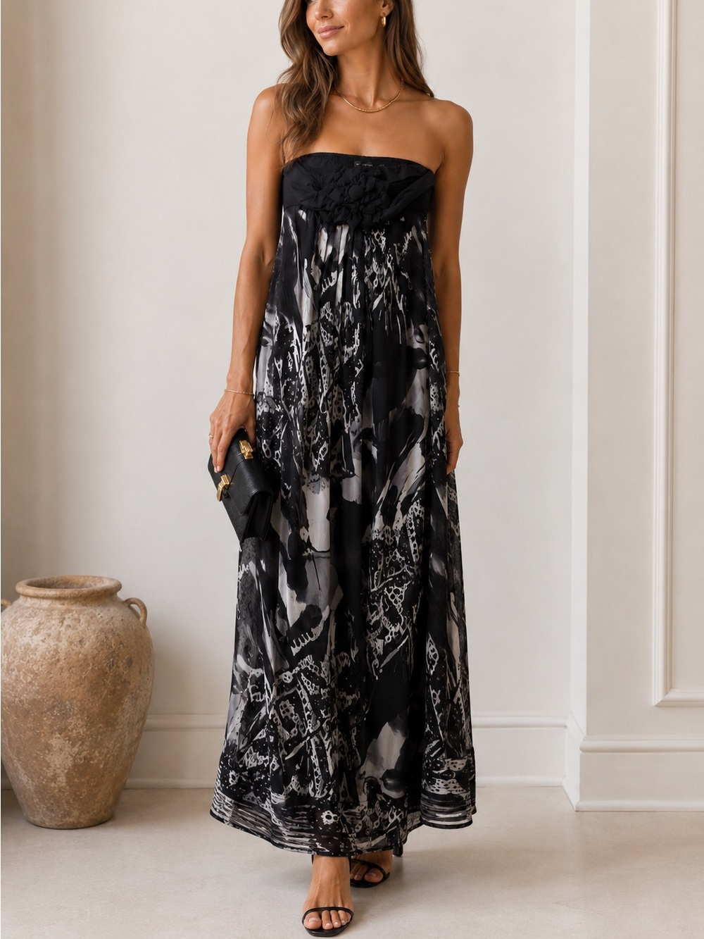 MM Couture Silk Maxi Dress Strapless Flowy Black and White